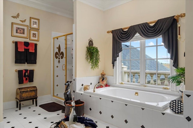 5045 Van Meter Rd, Winchester, KY 40391 - bathroom with a bath, a stall shower, and ornamental molding
