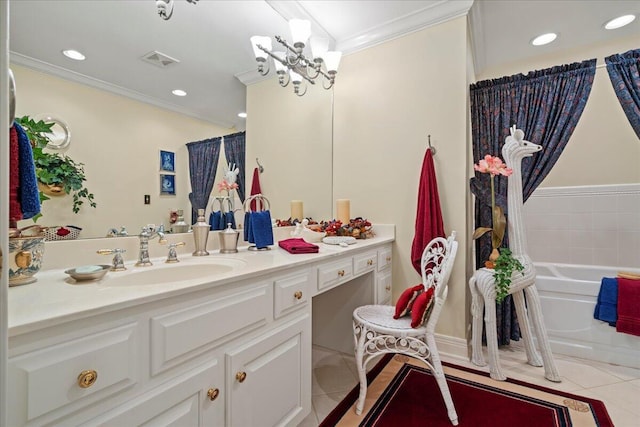 5045 Van Meter Rd, Winchester, KY 40391 - bathroom featuring tile patterned flooring, ornamental molding, vanity, a bath, and recessed lighting
