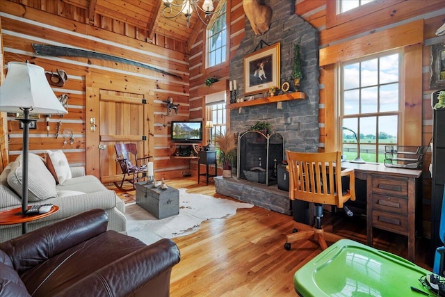 5045 Van Meter Rd, Winchester, KY 40391 - living room with plenty of natural light, high vaulted ceiling, wood finished floors, wood walls, and a fireplace