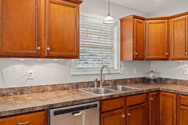 165 Rolling Meadows Dr, Stanford, KY 40484 - kitchen featuring dishwasher, dark countertops, hanging light fixtures, and brown cabinetry