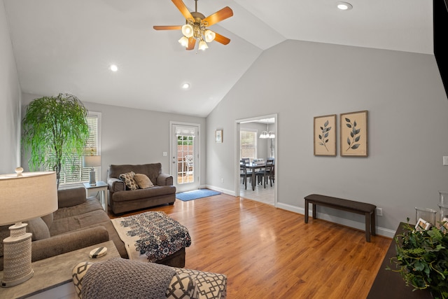 165 Rolling Meadows Dr, Stanford, KY 40484 - living room featuring a ceiling fan, light wood-style flooring, recessed lighting, and high vaulted ceiling