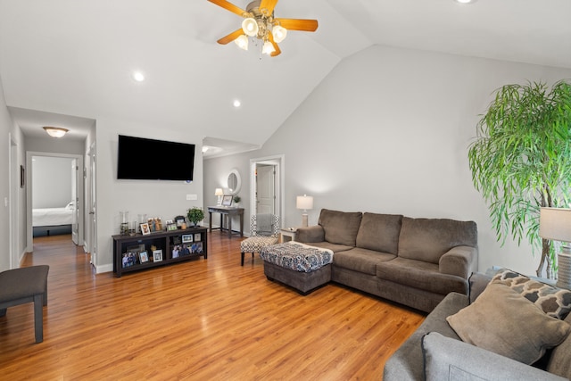 165 Rolling Meadows Dr, Stanford, KY 40484 - living area featuring ceiling fan, light wood-style floors, recessed lighting, and high vaulted ceiling