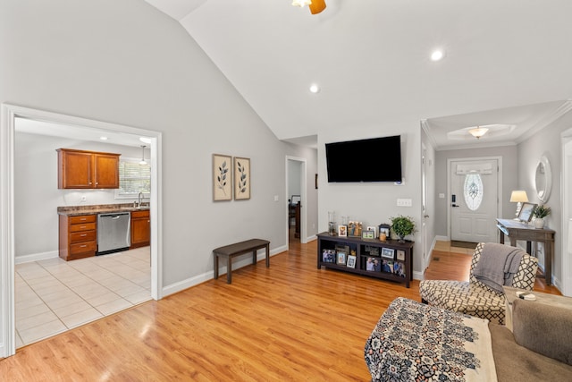 165 Rolling Meadows Dr, Stanford, KY 40484 - living room featuring light wood finished floors, crown molding, recessed lighting, and high vaulted ceiling