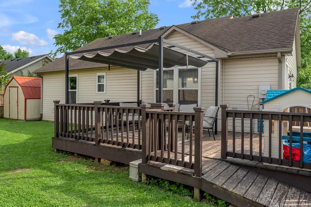 210 Taylorsville Trl, Georgetown, KY 40324 - rear view of house with a shingled roof, a storage unit, a deck, a yard, and outdoor dining area