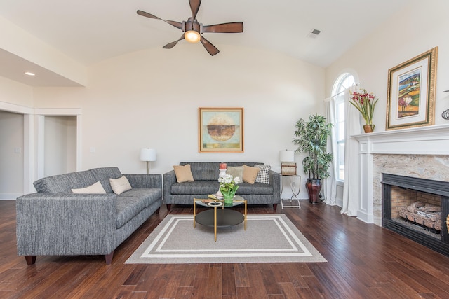 4185 Buttermilk Rd, Lexington, KY 40509 - living area with a ceiling fan, lofted ceiling, wood finished floors, and a high end fireplace