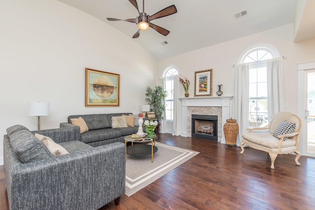 4185 Buttermilk Rd, Lexington, KY 40509 - living area with wood finished floors, a ceiling fan, high vaulted ceiling, and a fireplace