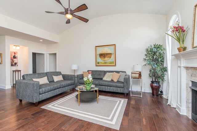 4185 Buttermilk Rd, Lexington, KY 40509 - living area featuring vaulted ceiling, ceiling fan, a fireplace, and wood finished floors