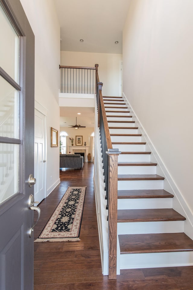 4185 Buttermilk Rd, Lexington, KY 40509 - stairs with a high ceiling, wood finished floors, a fireplace, and ceiling fan
