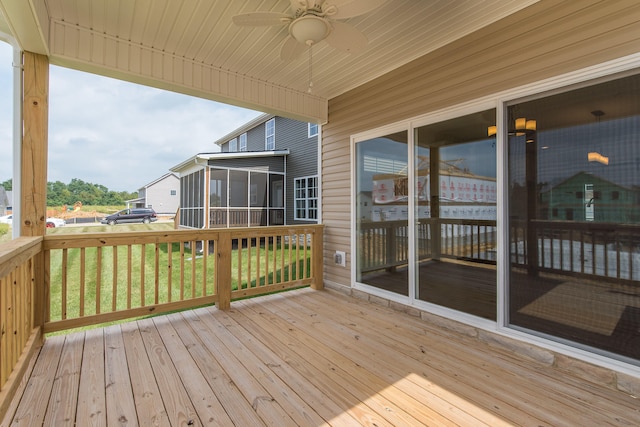 4185 Buttermilk Rd, Lexington, KY 40509 - wooden deck featuring a sunroom, a ceiling fan, and a lawn