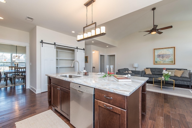 4185 Buttermilk Rd, Lexington, KY 40509 - kitchen featuring stainless steel dishwasher, a barn door, open floor plan, ceiling fan, and dark wood finished floors