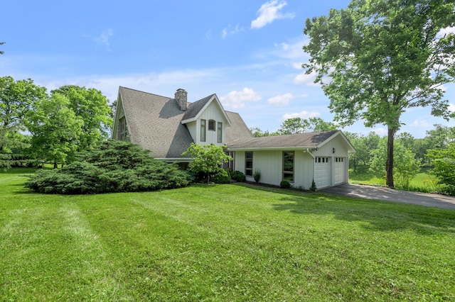 2968 Delong Rd, Lexington, KY 40515 - view of front facade with asphalt driveway, a chimney, an attached garage, and a front lawn