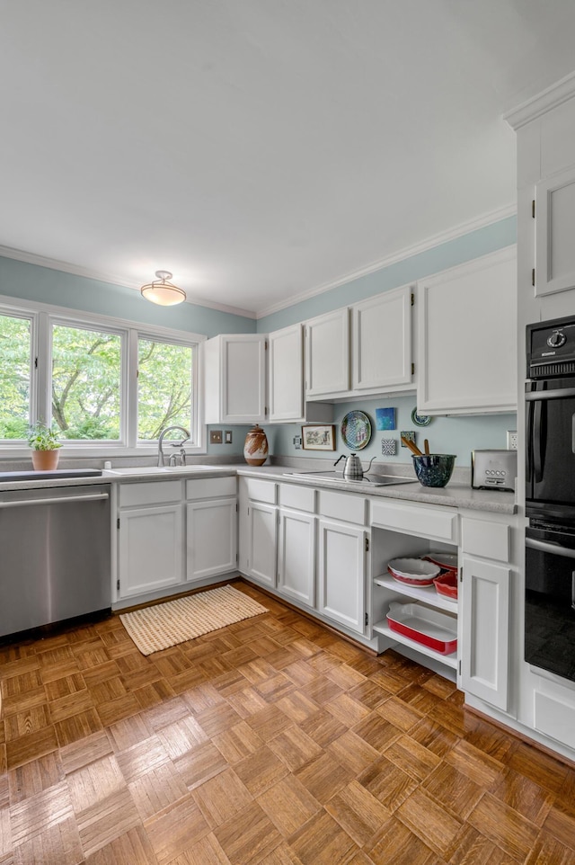 2968 Delong Rd, Lexington, KY 40515 - kitchen with stainless steel dishwasher, light countertops, white cabinetry, crown molding, and open shelves