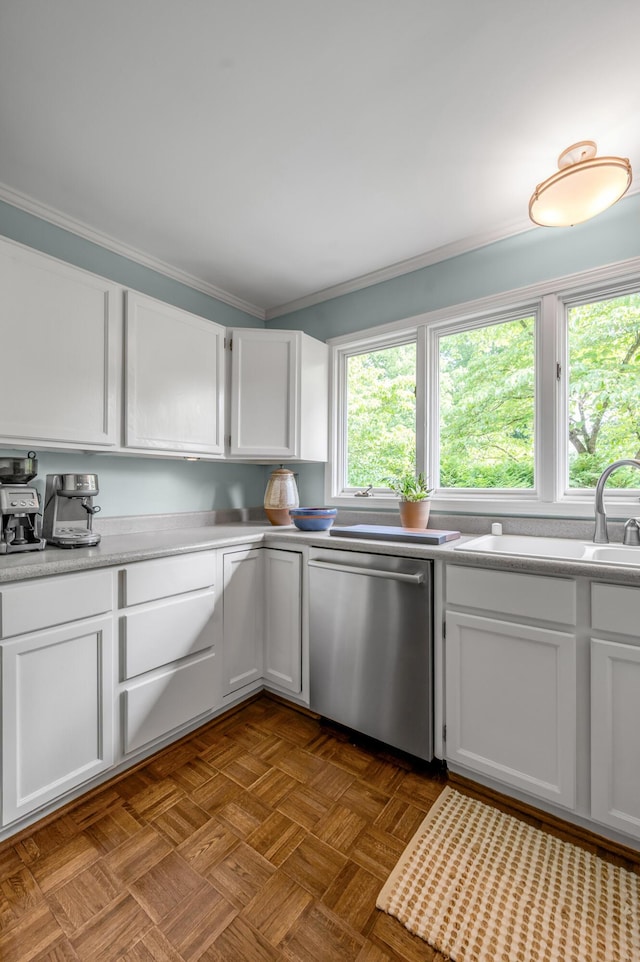 2968 Delong Rd, Lexington, KY 40515 - kitchen featuring stainless steel dishwasher, white cabinets, light countertops, and crown molding