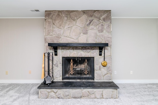395 Redding Rd Unit 30, Lexington, KY 40517 - detailed view of carpet flooring, a stone fireplace, and crown molding