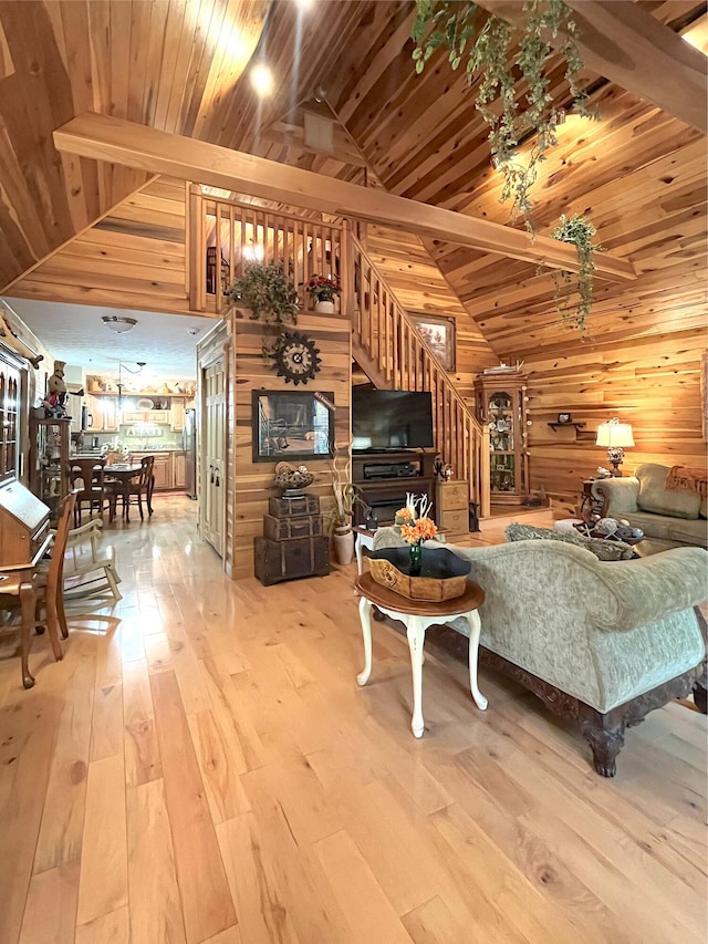 250 Hilltop Ests, Morehead, KY 40351 - living room with stairway, wooden walls, wooden ceiling, and hardwood / wood-style flooring