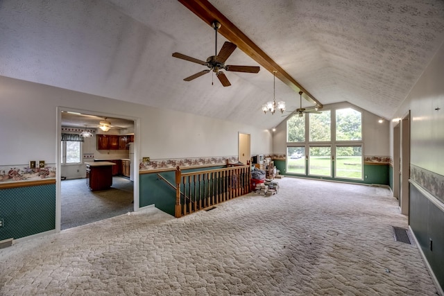 560 Kemper Ln, Danville, KY 40422 - carpeted living room featuring ceiling fan, lofted ceiling, wainscoting, a chandelier, and a textured ceiling