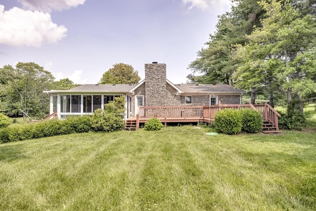 560 Kemper Ln, Danville, KY 40422 - back of house with a chimney, a wooden deck, and a lawn
