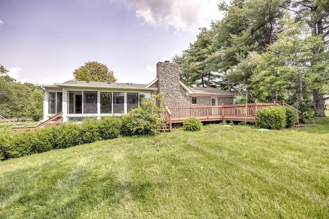 560 Kemper Ln, Danville, KY 40422 - rear view of house featuring a wooden deck, a lawn, and a chimney