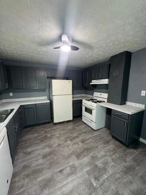 524 Clark St, Danville, KY 40422 - kitchen with white appliances, under cabinet range hood, a ceiling fan, light countertops, and wood finished floors