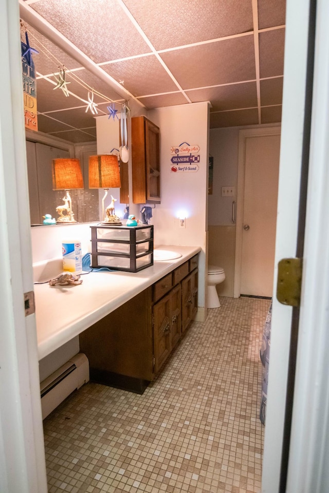 1181 Tracy Rd, Lawrenceburg, KY 40342 - full bath with a baseboard radiator, vanity, a paneled ceiling, and tile patterned floors
