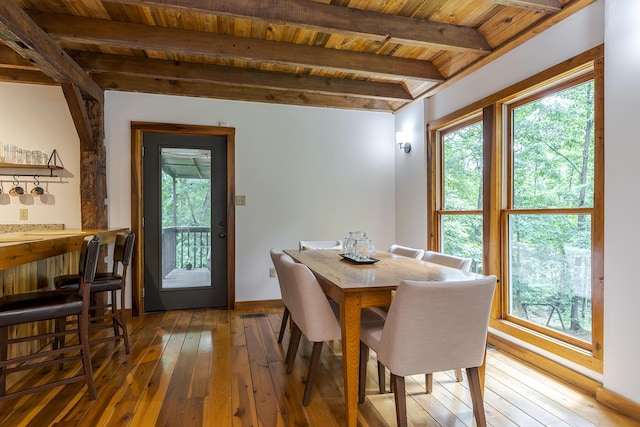 224 Pine Valley Rd, Berea, KY 40403 - dining area featuring a wood ceiling with exposed beams, hardwood / wood-style floors, healthy amount of natural light, and a dry bar