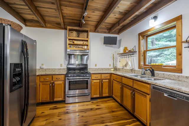 224 Pine Valley Rd, Berea, KY 40403 - kitchen with appliances with stainless steel finishes, open shelves, a wooden ceiling with exposed beams, hardwood / wood-style flooring, and brown cabinets