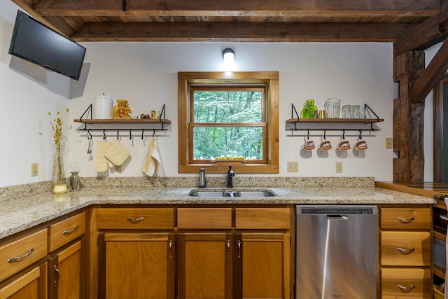 224 Pine Valley Rd, Berea, KY 40403 - kitchen with stainless steel dishwasher, open shelves, brown cabinetry, light stone countertops, and a wooden ceiling with exposed beams