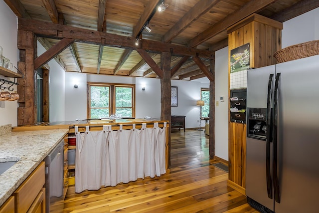 224 Pine Valley Rd, Berea, KY 40403 - kitchen featuring stainless steel appliances, light wood-type flooring, plenty of natural light, and a wooden ceiling with exposed beams