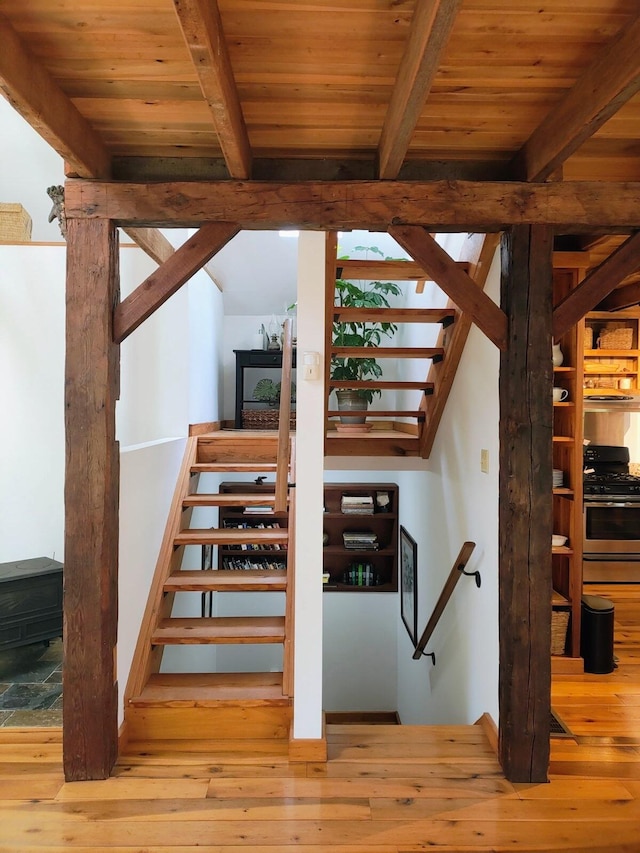224 Pine Valley Rd, Berea, KY 40403 - staircase with wood-type flooring and a wooden ceiling with exposed beams
