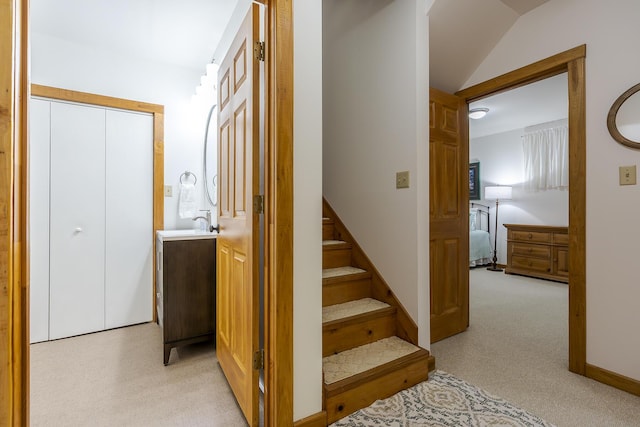 224 Pine Valley Rd, Berea, KY 40403 - staircase featuring carpet floors and lofted ceiling