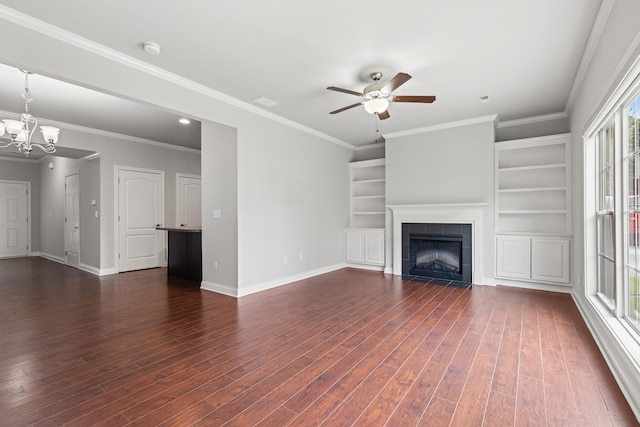 4464 Stuart Hall Blvd Unit 9101, Lexington, KY 40509 - unfurnished living room with a ceiling fan, a tiled fireplace, dark wood-style floors, a chandelier, and crown molding