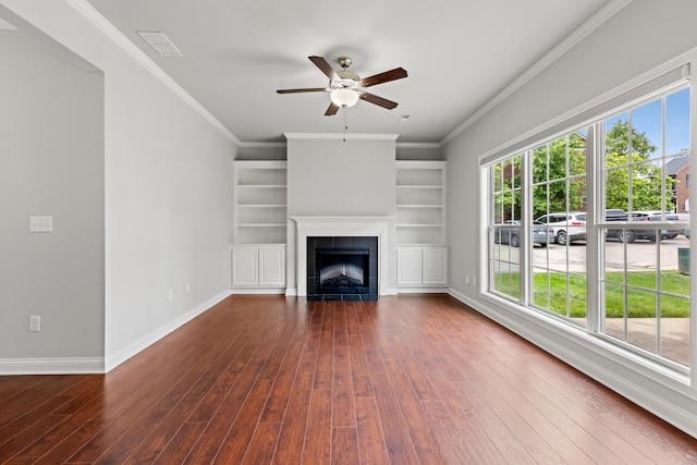 4464 Stuart Hall Blvd Unit 9101, Lexington, KY 40509 - unfurnished living room featuring a ceiling fan, a fireplace, dark wood-style floors, ornamental molding, and built in features