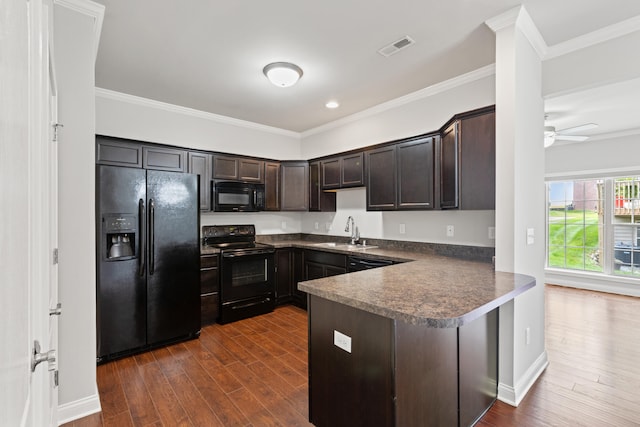 4464 Stuart Hall Blvd Unit 9101, Lexington, KY 40509 - kitchen featuring black appliances, dark brown cabinets, dark countertops, dark wood-style flooring, and ornamental molding