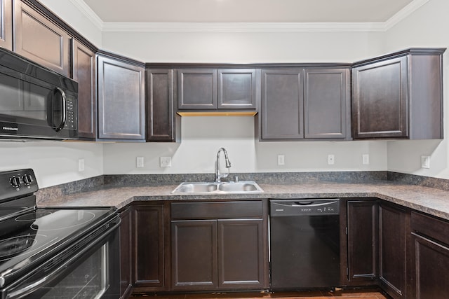 4464 Stuart Hall Blvd Unit 9101, Lexington, KY 40509 - kitchen with black appliances, dark brown cabinetry, ornamental molding, and dark countertops