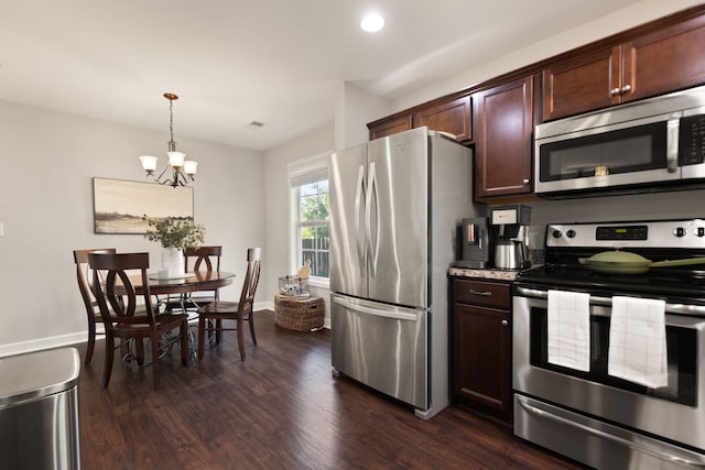 161 Santa Barbara Blvd, Georgetown, KY 40324 - kitchen featuring stainless steel appliances, dark wood-style floors, a chandelier, dark brown cabinetry, and recessed lighting