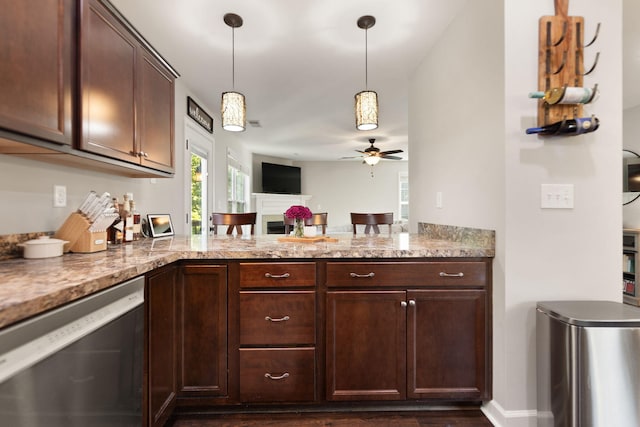 161 Santa Barbara Blvd, Georgetown, KY 40324 - kitchen featuring dishwasher, ceiling fan, a peninsula, and dark brown cabinets