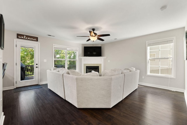 161 Santa Barbara Blvd, Georgetown, KY 40324 - living area with a fireplace, a ceiling fan, and dark wood-style flooring
