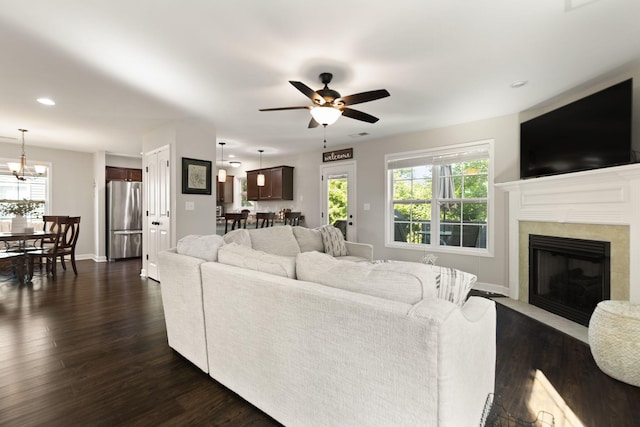 161 Santa Barbara Blvd, Georgetown, KY 40324 - living area featuring a ceiling fan, dark wood-style flooring, recessed lighting, a premium fireplace, and plenty of natural light