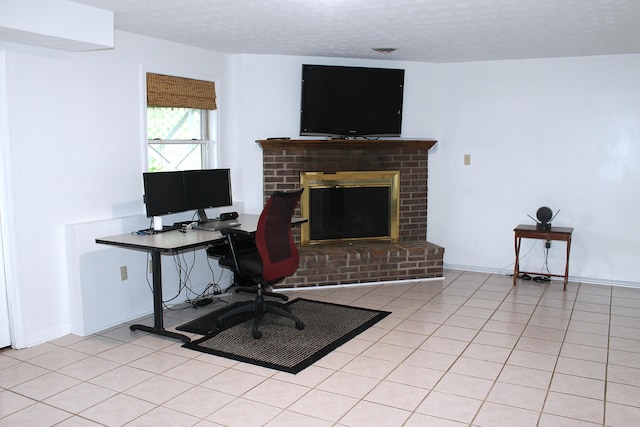 5515 Van Meter Rd, Winchester, KY 40391 - office area with light tile patterned flooring, a textured ceiling, and a brick fireplace
