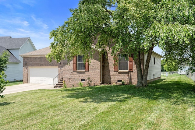 313 Man O War Ct, Lawrenceburg, KY 40342 - view of property hidden behind natural elements with a garage, brick siding, a front lawn, concrete driveway, and crawl space