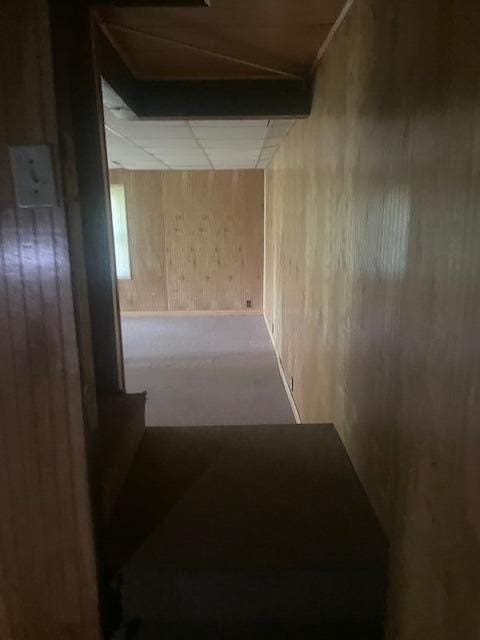 406 Forrest Dr, Lawrenceburg, KY 40342 - hallway with wood walls and a drop ceiling