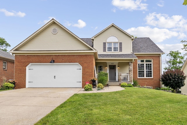 4109 Bridgemont Ln, Lexington, KY 40515 - traditional-style home with a front lawn, brick siding, driveway, roof with shingles, and a porch