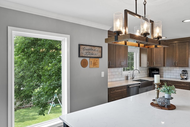 4109 Bridgemont Ln, Lexington, KY 40515 - kitchen with stainless steel dishwasher, backsplash, crown molding, a chandelier, and dark brown cabinetry