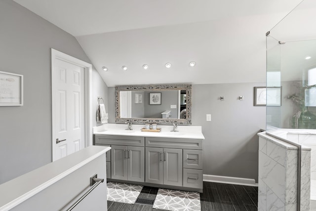 4109 Bridgemont Ln, Lexington, KY 40515 - bathroom with walk in shower, double vanity, lofted ceiling, and recessed lighting