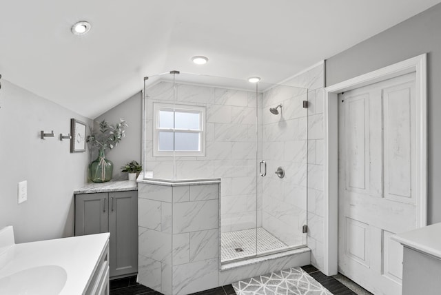 4109 Bridgemont Ln, Lexington, KY 40515 - full bath with a shower stall, vanity, lofted ceiling, and recessed lighting