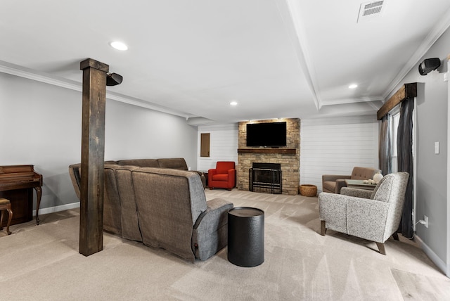 4109 Bridgemont Ln, Lexington, KY 40515 - living room with light carpet, ornamental molding, a fireplace, and recessed lighting