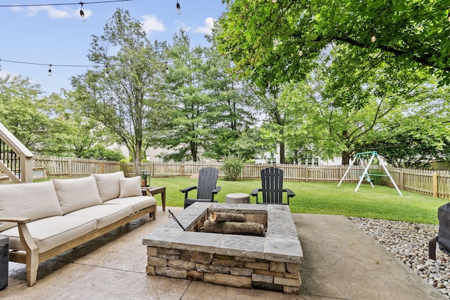 4109 Bridgemont Ln, Lexington, KY 40515 - fenced backyard featuring an outdoor hangout area, a patio, and a playground