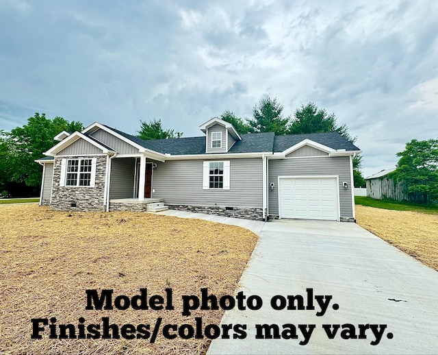 61 Vine St, Corbin, KY 40701 - view of front facade featuring driveway, an attached garage, stone siding, a shingled roof, and a front yard