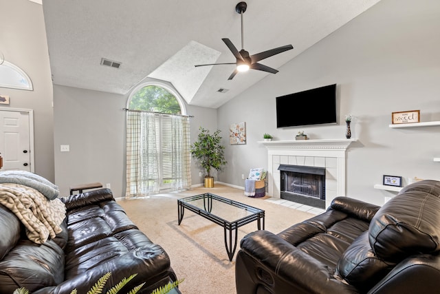 2829 Gateway Park Ln, Lexington, KY 40511 - living room featuring ceiling fan, a tiled fireplace, carpet flooring, and lofted ceiling