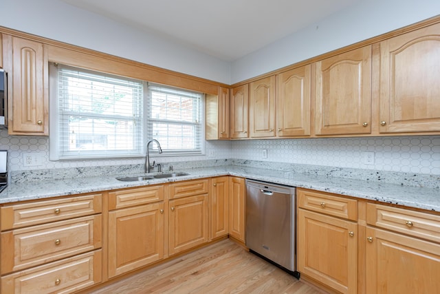 471 Westerfield Way Unit 40503, Lexington, KY 40503 - kitchen featuring stainless steel dishwasher, light brown cabinets, light wood-style floors, tasteful backsplash, and light stone countertops